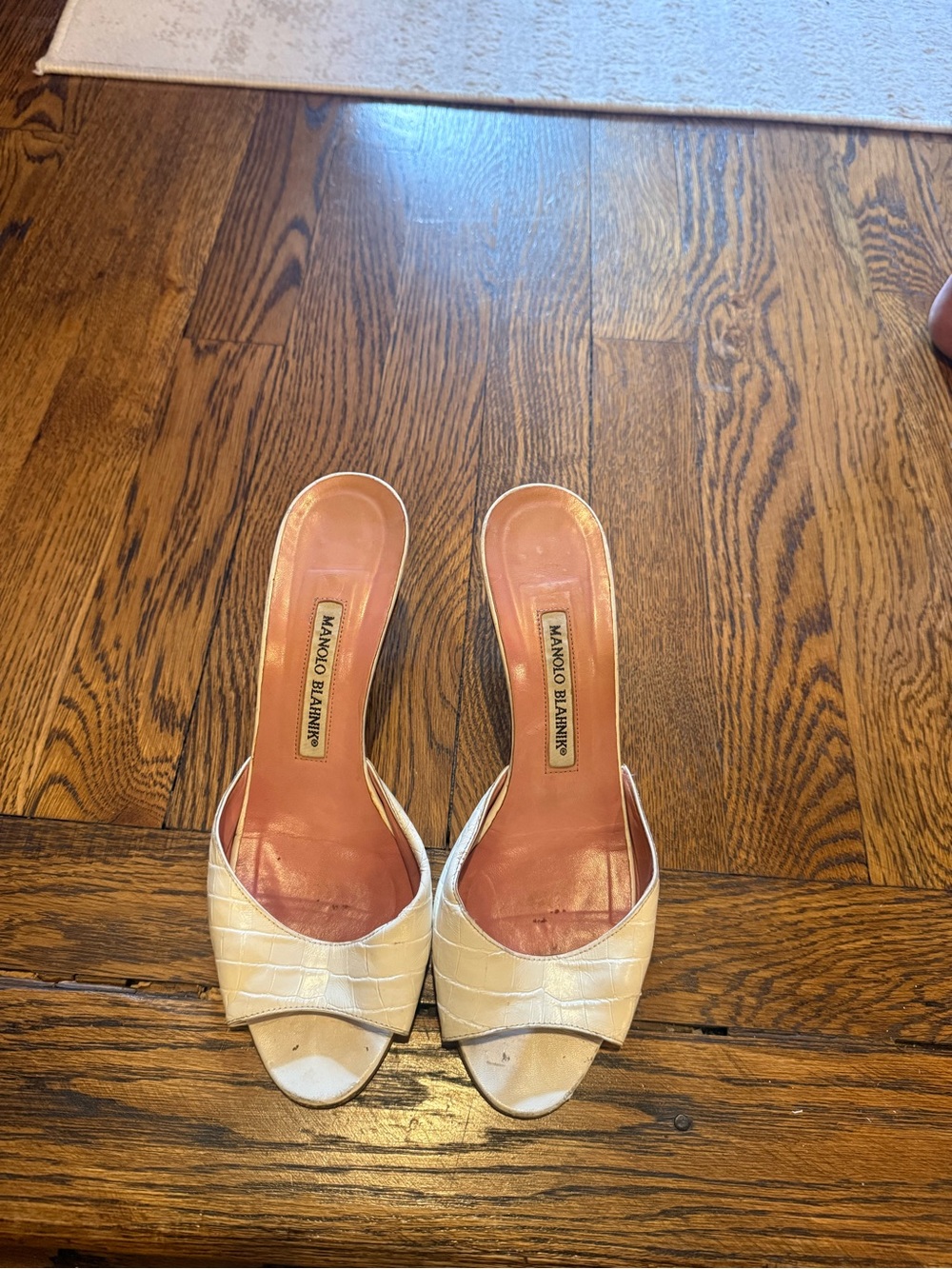 Manolo Blahnik Cream Croc-Embossed Leather Slide Mules
